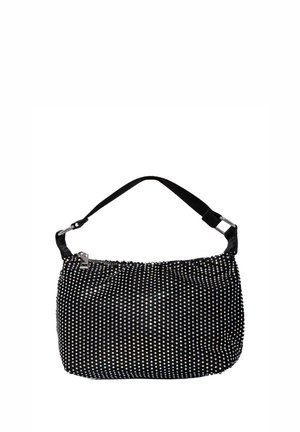 Sac noir avec des strass en argent, en tissu doux, de forme arrondie, avec une seule sangle réglable, fermeture éclair et un détail de texture subtil.