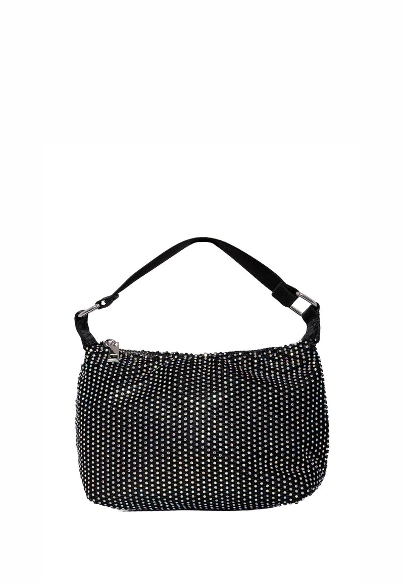 Borsa nera con strass argentati, in tessuto morbido, forma arrotondata, tracolla unica regolabile, chiusura con cerniera e dettaglio di texture sottile.