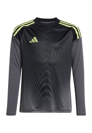 Langsleeve sportshirt in zwart en grijs, met een geometrisch patroon, ronde hals en drie groene strepen op elke schouder.