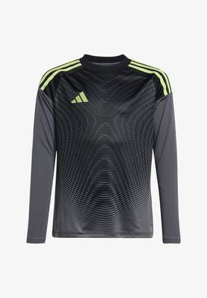 Maglietta atletica a maniche lunghe in nero e grigio, con un motivo geometrico, colletto rotondo e tre strisce verdi su ciascun spalla.