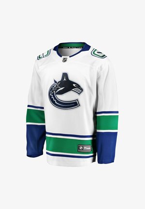 Maglia da hockey bianca con accenti blu e verdi, caratterizzata da un logo di balena nera e motivi a strisce. Realizzata in tessuto traspirante.