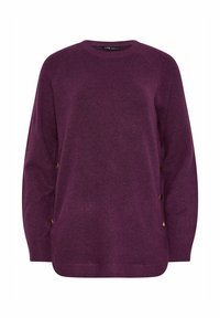 Lila Pullover aus strukturiertem Stoff mit rundem Halsausschnitt und langen Ärmeln. Mit goldenen Knopfakzenten an den Seiten.