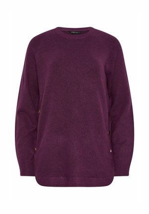Pullover viola realizzato in tessuto testurizzato, con scollo tondo e maniche lunghe. Presenta dettagli con bottoni dorati sui lati.
