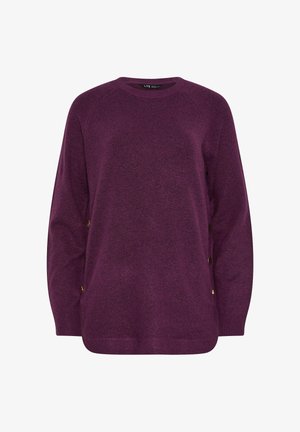 Purple sweater made from textured fabric with a rounded neckline and long sleeves. Features gold button accents on the sides.