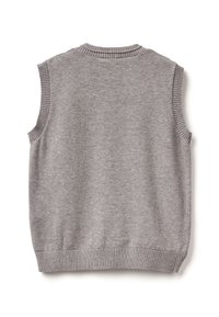 Šedý bezrukávový svetr vyrobený z měkkého pleteného materiálu, s žebrovaným výstřihem a armholemi, s rovnými okraji a bezproblémovým designem zad.