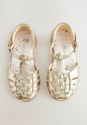 Goldene metallische Sandalen mit einem geflochtenen Design, verstellbarem Schnallenverschluss und blumenmustergefütterter Innensohle. Glatte Textur und geschlossenene Zehenform.