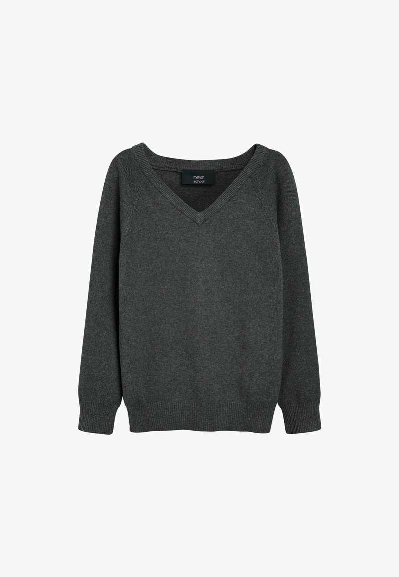 Grå v-hals sweater med lange ærmer, ribbede manchetter og kant. Blødt stof med en glat tekstur, der har et klassisk, afslappet fit design.