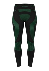 Schwarze Leggings mit grünen Akzenten und Mustern, die ein eng anliegendes Design, strukturierten Stoff und einen breiten Bund mit der Beschriftung "POLAR HUSKY" aufweisen.