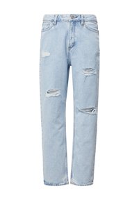 Jeans en denim bleu clair, usés, avec une coupe décontractée, présentant des déchirures effilochées à l'avant et une coupe droite.