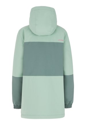 Veste vert clair avec capuche, présentant une bande horizontale contrastante vert foncé. Poignets élastiques et logo "protest" en rose au dos.