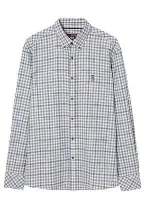 Camisa de manga larga a cuadros en azul y blanco, con cuello abotonado, botones marrones y un pequeño gráfico bordado en el pecho.