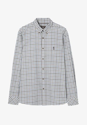 Kék és fehér kockás, hosszú ujjú ing, gombos gallérral, barna gombokkal és egy kis hímzett grafikával a mellkason.