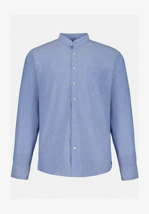 Lichtblauw lange mouwen shirt in linnen stof met een bandkraag, sluiting met knopen aan de voorkant, één borstzak en een rechte zoom.