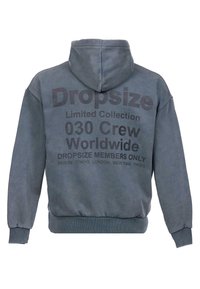 Grau Hoodie aus weichem Stoff, mit einem großen aufgedruckten Textdesign auf der Rückseite mit "Dropsize" und Städtenamen. Enthält eine Kapuze und gerippte Bündchen.