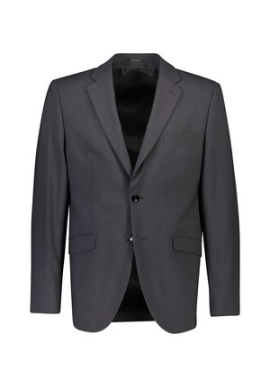 Giacca da uomo grigio scuro con rever a punta, due tasche frontali e chiusura a un bottone. Tessuto liscio e interno parzialmente foderato.