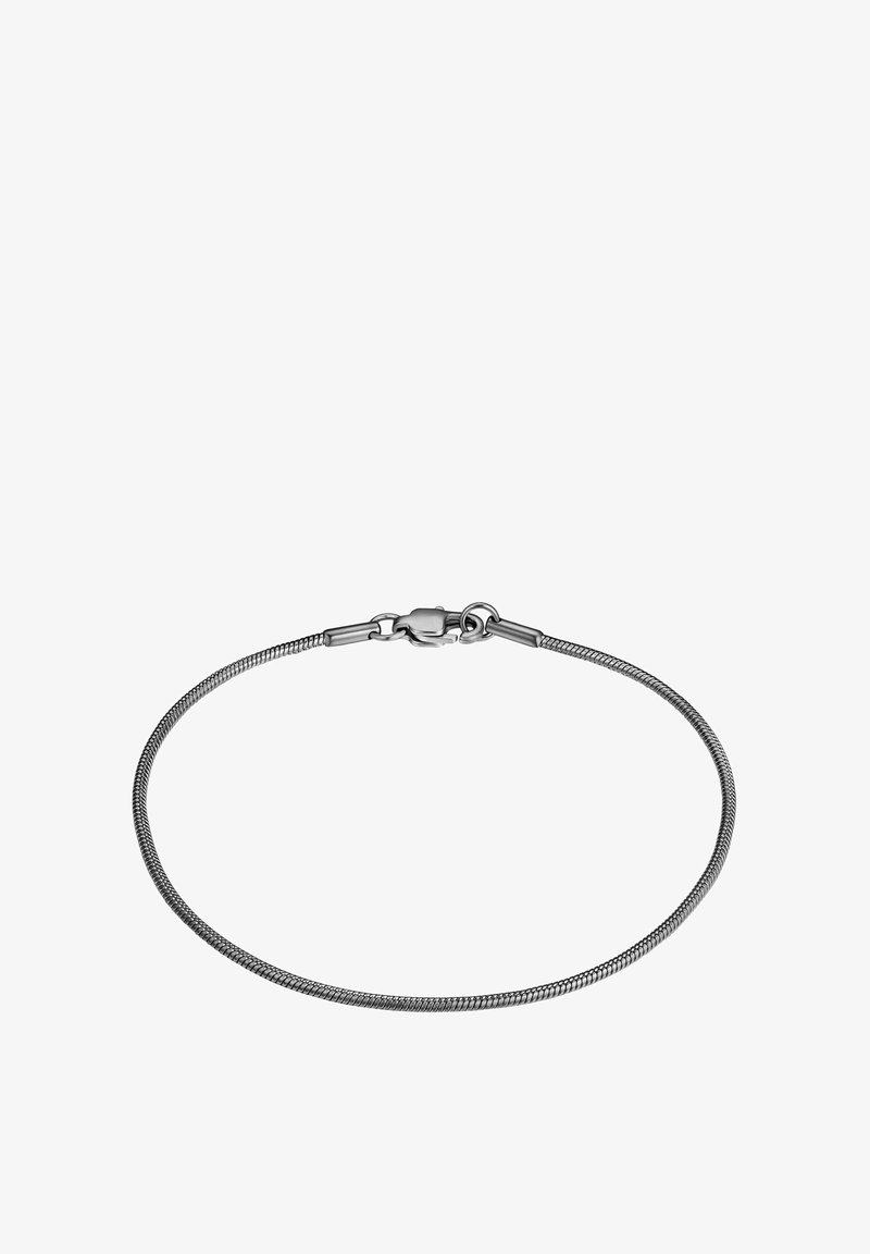 Sidabrinės spalvos gyvatės tipo apyrankė su elegantiška, apvalia forma. Yra su krabų tipo užsegimu ir tekstūruotu paviršiumi, suteikiančiu papildomo akcento.