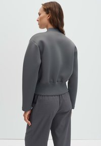 Felpa grigia corta con una texture liscia, polsini e orlo a costine. Abbinate a pantaloni grigi, mostrando un design minimalista.