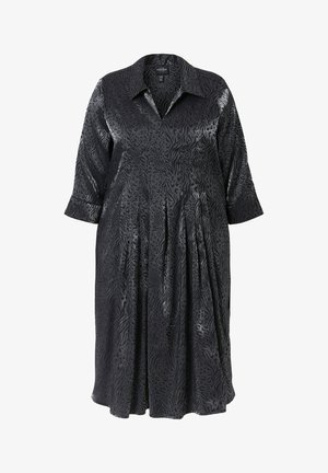 Schwarzes Kleid mit Kragen, gefaltetem Design und tierischem Print-Muster. Hergestellt aus glänzendem Material mit Dreiviertelärmeln.