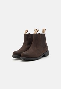 Botas de tobillo de ante marrón con paneles laterales elásticos, tiradores traseros y suelas de goma texturizadas. Diseño elegante con punta redondeada.