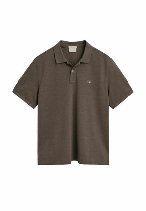 Bruine polo t-shirt gemaakt van zachte katoen, met een klassieke kraag, korte mouwen en een klein geborduurd logo op de borst.