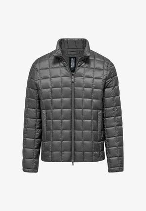 Giacca imbottita grigia con zip frontale, colletto alto e modello a quadri. Realizzata in materiale leggero per comfort e isolamento.