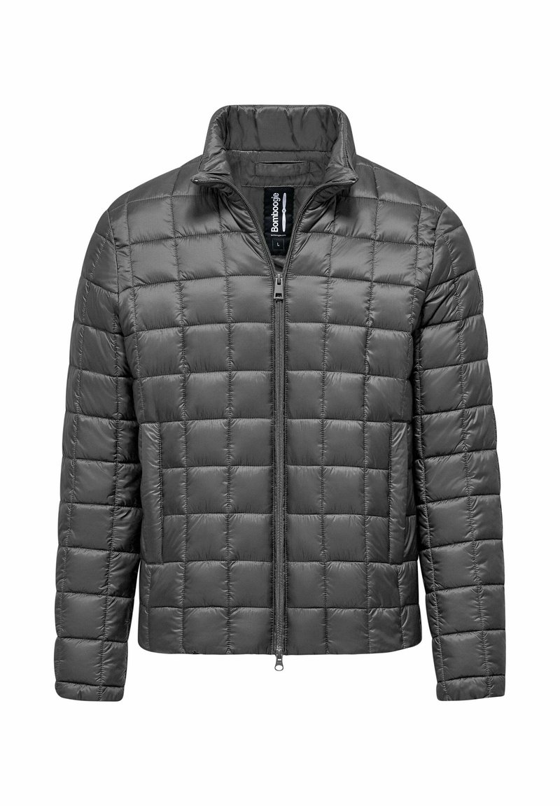 Giacca imbottita grigia con zip frontale, colletto alto e modello a quadri. Realizzata in materiale leggero per comfort e isolamento.