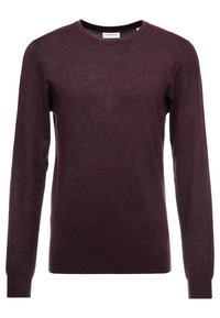Maglione bordeaux con scollo a girocollo, maniche lunghe e una finitura liscia e testurizzata. Realizzato in tessuto morbido e leggero.