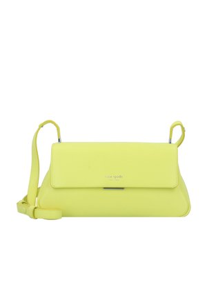 Yellow leather handbag with a flap closure, adjustable strap, and silver-tone accents. Smooth texture, minimalist design, and logo embossed.