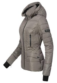 Gray puffer jacket with a high neck and hood, featuring quilted panels, two zippered pockets, and ribbed cuffs for added warmth.
