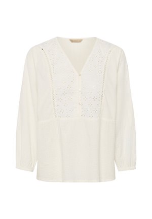 Biała bluzka z dekoltem w serek, długimi rękawami i ozdobnym haftem ażurowym z przodu. Miękki, teksturowany materiał z zapięciem na guziki.