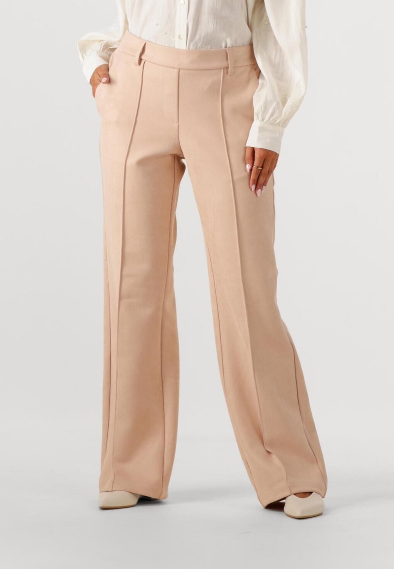 Beige wijde broek van gladde stof, met plooien aan de voorkant en een op maat gemaakte tailleband voor een gestructureerde pasvorm.