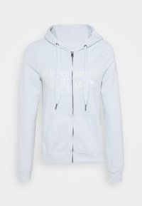 Jasnoniebieska bluza z kapturem, zapinana na zamek, z kieszeniami z przodu, sznurkiem do ściągania na kapturze oraz wytłoczonym logo "Abercrombie & Fitch New York" na piersi.