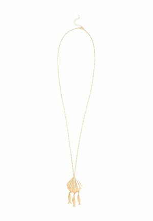 Gold-toned necklace with a scallop shell pendant and three dangling fish charms on a delicate chain with adjustable clasp.