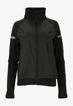 Black jacket featuring a high collar, zip front, and long sleeves. Lightweight material with a matte finish and reflective accents on shoulders.