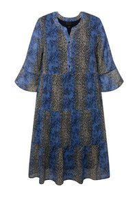 Sininen ja beige kuvioitu mekko, jossa on pyöreä pääntie, nappilista ja levenevät hihat; tehty kevyestä, lippuvalaisimesta kankaasta.