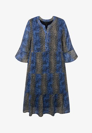 Sininen ja beige kuvioitu mekko, jossa on pyöreä pääntie, nappilista ja levenevät hihat; tehty kevyestä, lippuvalaisimesta kankaasta.