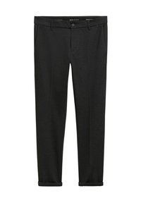 Grå skräddarsydda byxor med slät front, sidofickor och upprullade fållar, tillverkade av ett mjukt tyg med en subtil textur.