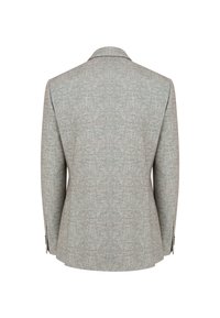 Szary żakiet w kratkę houndstooth, dopasowany krój z wyraźnymi ramionami, klapami typu notched i dwoma guzikami. Posiada elegancką, gładką fakturę i minimalne przeszycia.