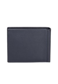 Portafoglio in pelle blu navy con un design minimalista, caratterizzato da una texture liscia, un bordo piegato e senza hardware o accenti visibili.