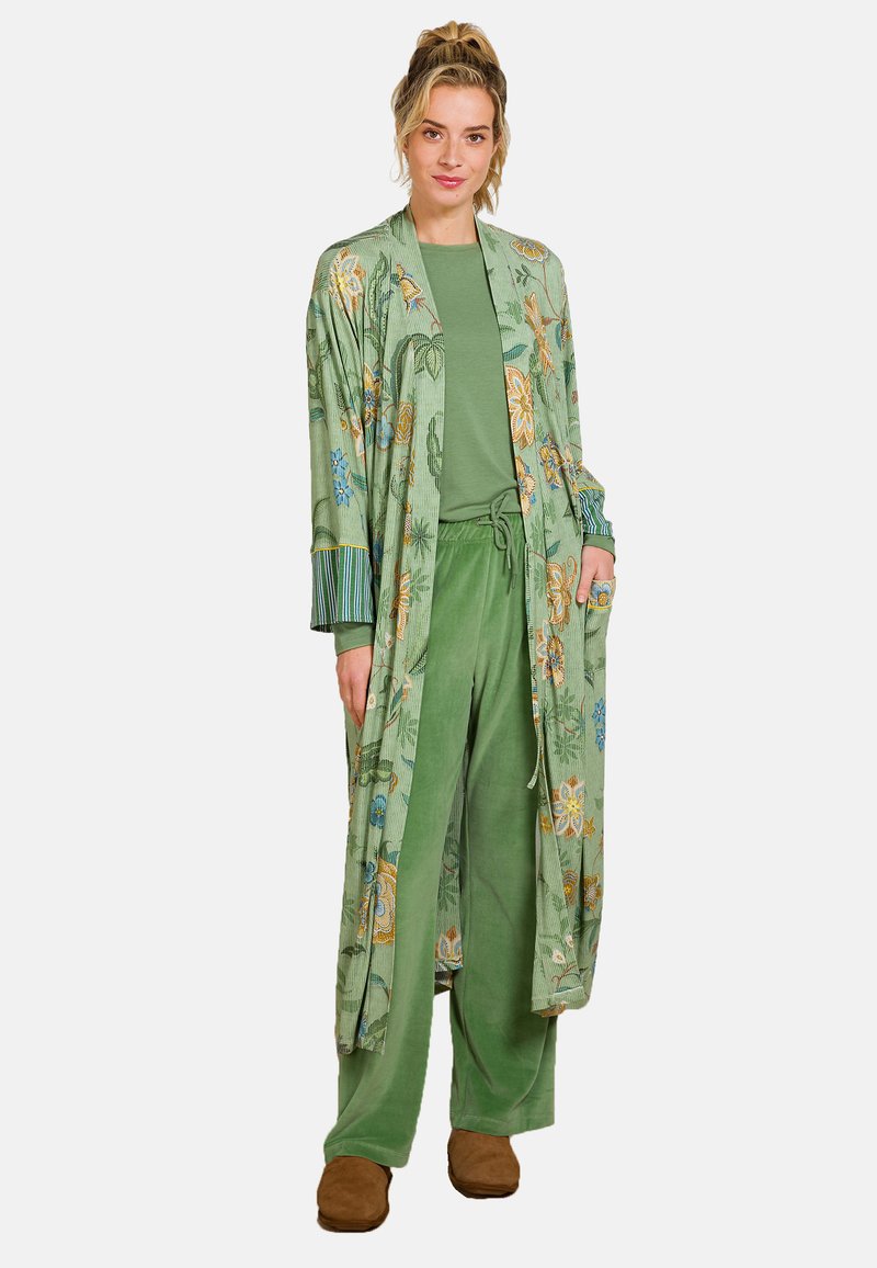 Green floral-patterned long kimono with a tie waist, striped cuffs, and matching green pants. Fabric appears soft and textured.