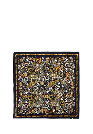 Sciarpa navy con intricati motivi paisley e floreali in giallo, arancio e bianco, con bordo e texture tessile morbida.