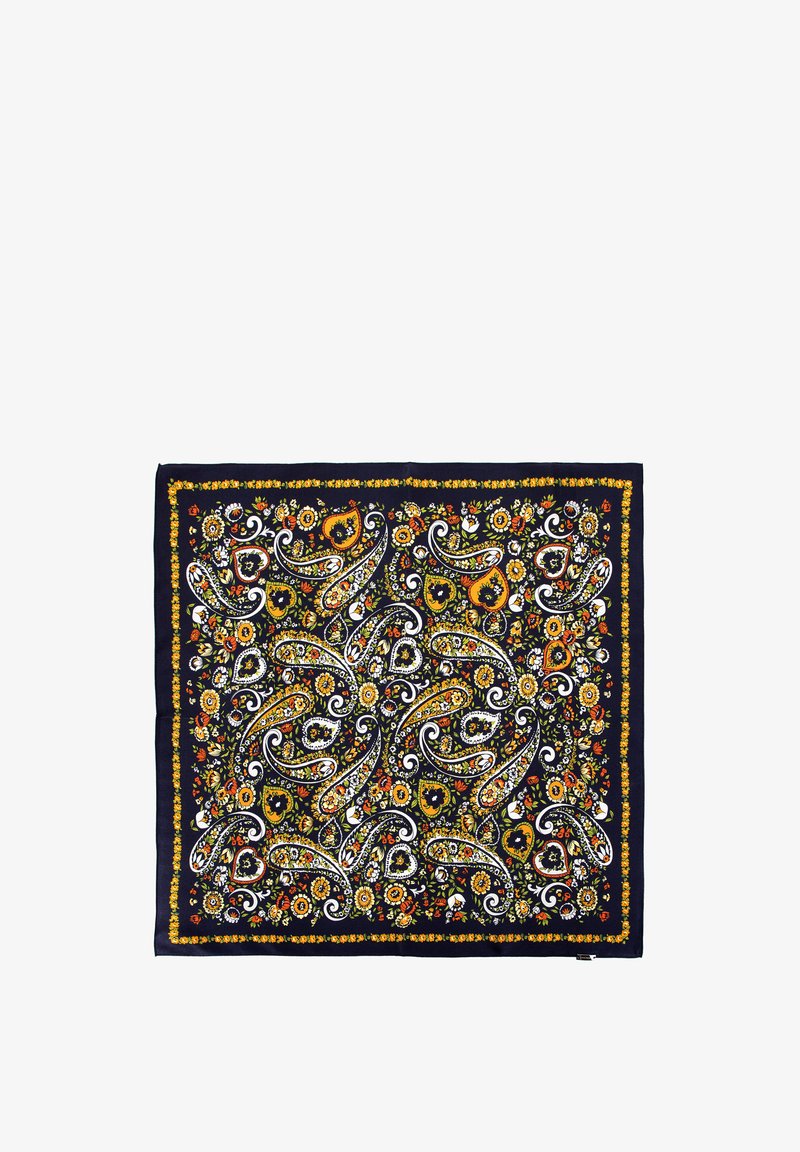 Sciarpa navy con intricati motivi paisley e floreali in giallo, arancio e bianco, con bordo e texture tessile morbida.