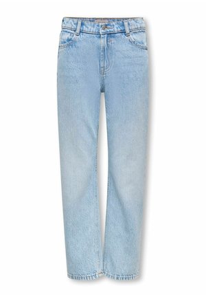Lyseblå denimjeans med lige ben, forreste knap- og lynlåslukning, bæltestropper og forlommer.
