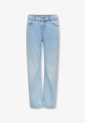 Hele sinised sirge säärega teksapüksid, millel ees nööp- ja tõmblukuga kinnis, vööaasad ja esi taskud.