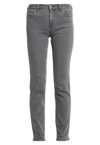 Jeans de mezclilla gris de corte ajustado, con un diseño clásico de cinco bolsillos, cierre de botón y detalle de costura mínima.