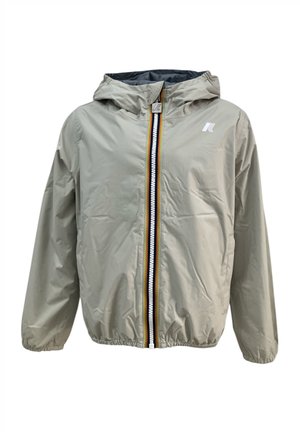 Giacca cappuccio beige chiaro in un materiale liscio e leggero. Presenta una zip frontale completa con strisce colorate e polsini elasticizzati.