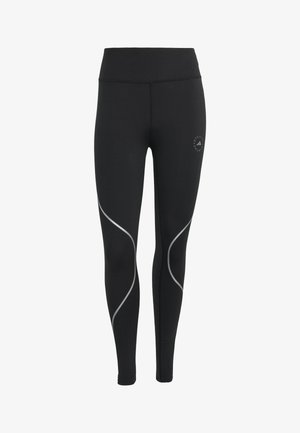 Black high-waist athletic leggings with reflective curved lines on legs and a small circular logo on upper left thigh.