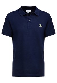 Granatowa koszulka polo wykonana z teksturowanej bawełny, z klasycznym kołnierzykiem, trzema guzikami i małym zielonym haftowanym logo krokodyla.