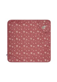 Soft pink blanket patterned with small light flowers, featuring a corner pocket and an embroidered bunny detail in one corner.