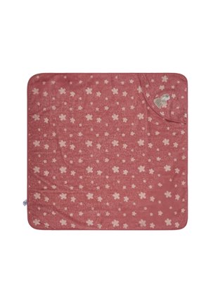 Soft pink blanket patterned with small light flowers, featuring a corner pocket and an embroidered bunny detail in one corner.